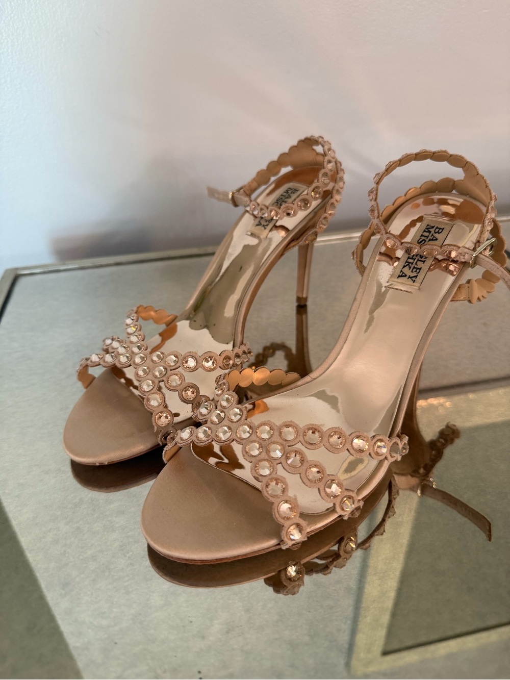 Badgley Mischka Rose Gold Crystal Scalloped Strap Heels